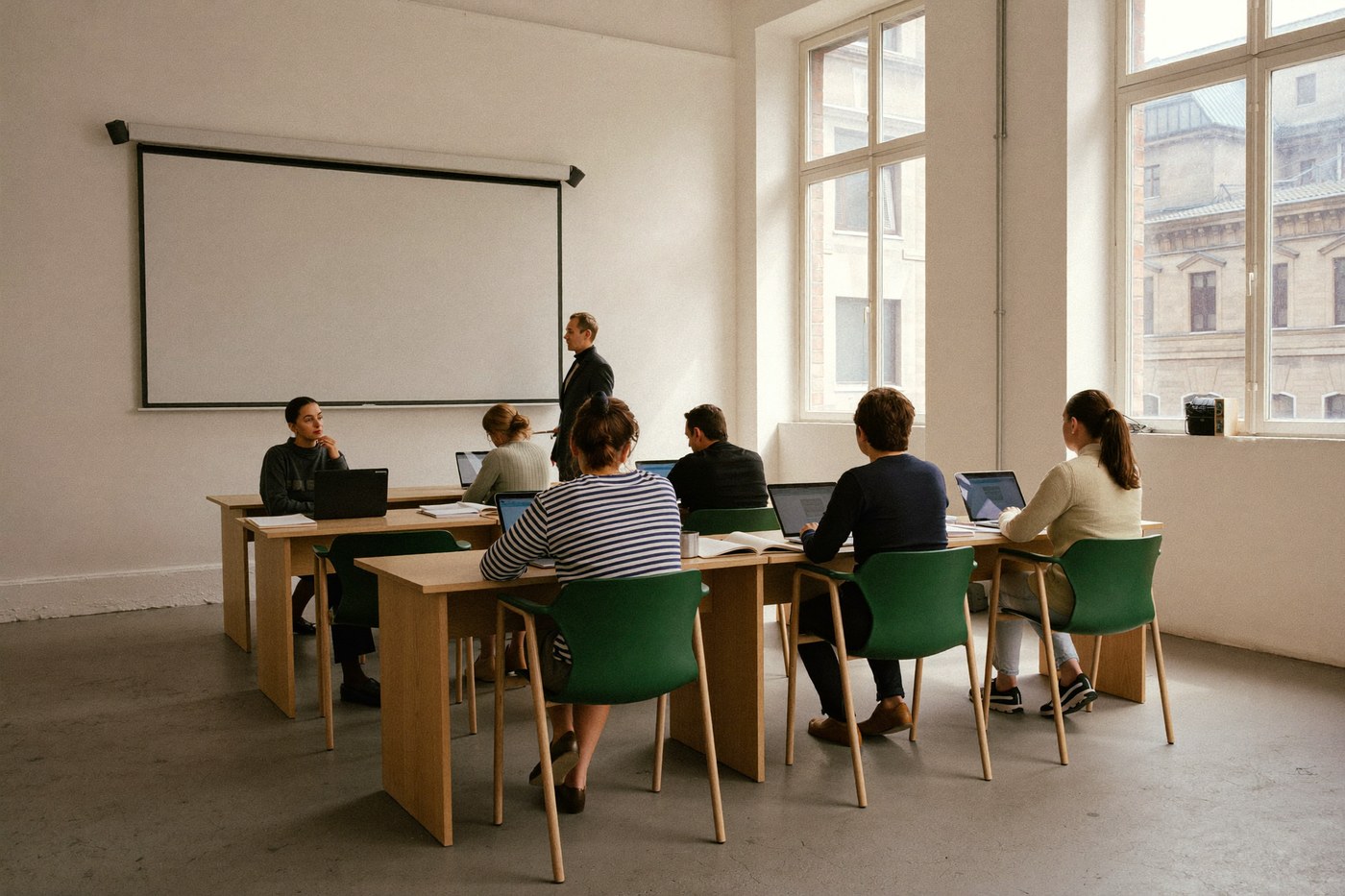 Una classe di sei studenti adulti segue il mentor in una sala luminosa